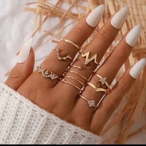 Gold Rhinestone Stacking Midi Finger Multi Size 8pc Ring Set NEW